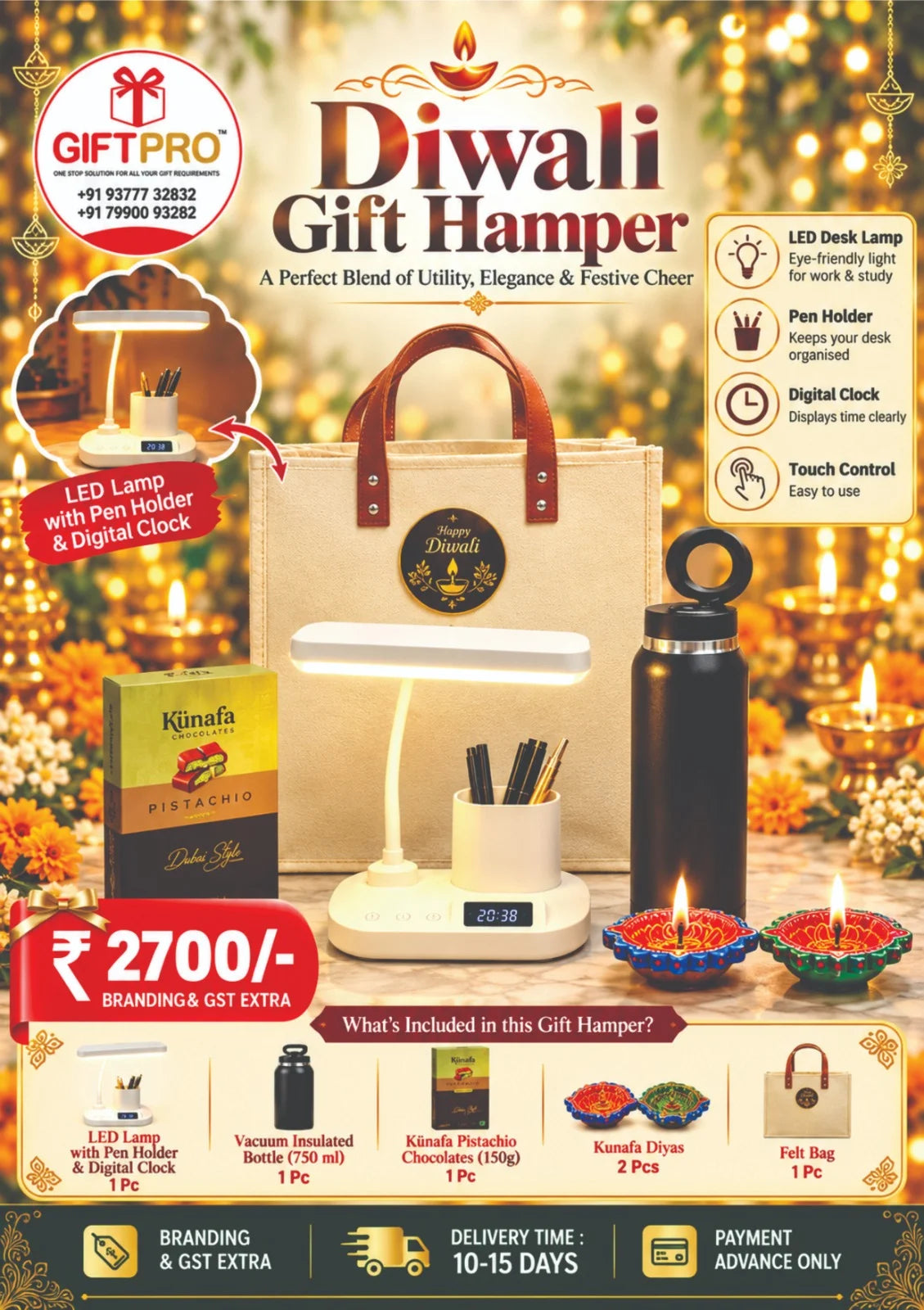 Premium LED Desk Lamp with Digital Clock Diwali Gift Hamper