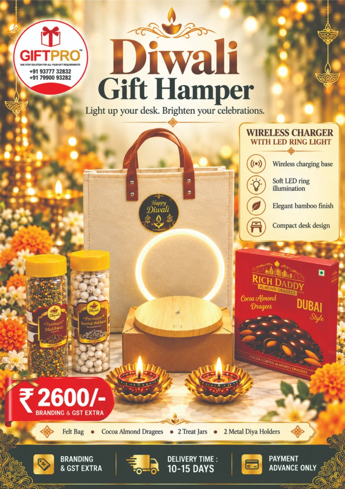 Premium LED Ring Light Wireless Charger Diwali Gift Hamper