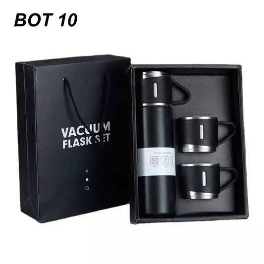 Black vacuum flask set with two mugs in a box