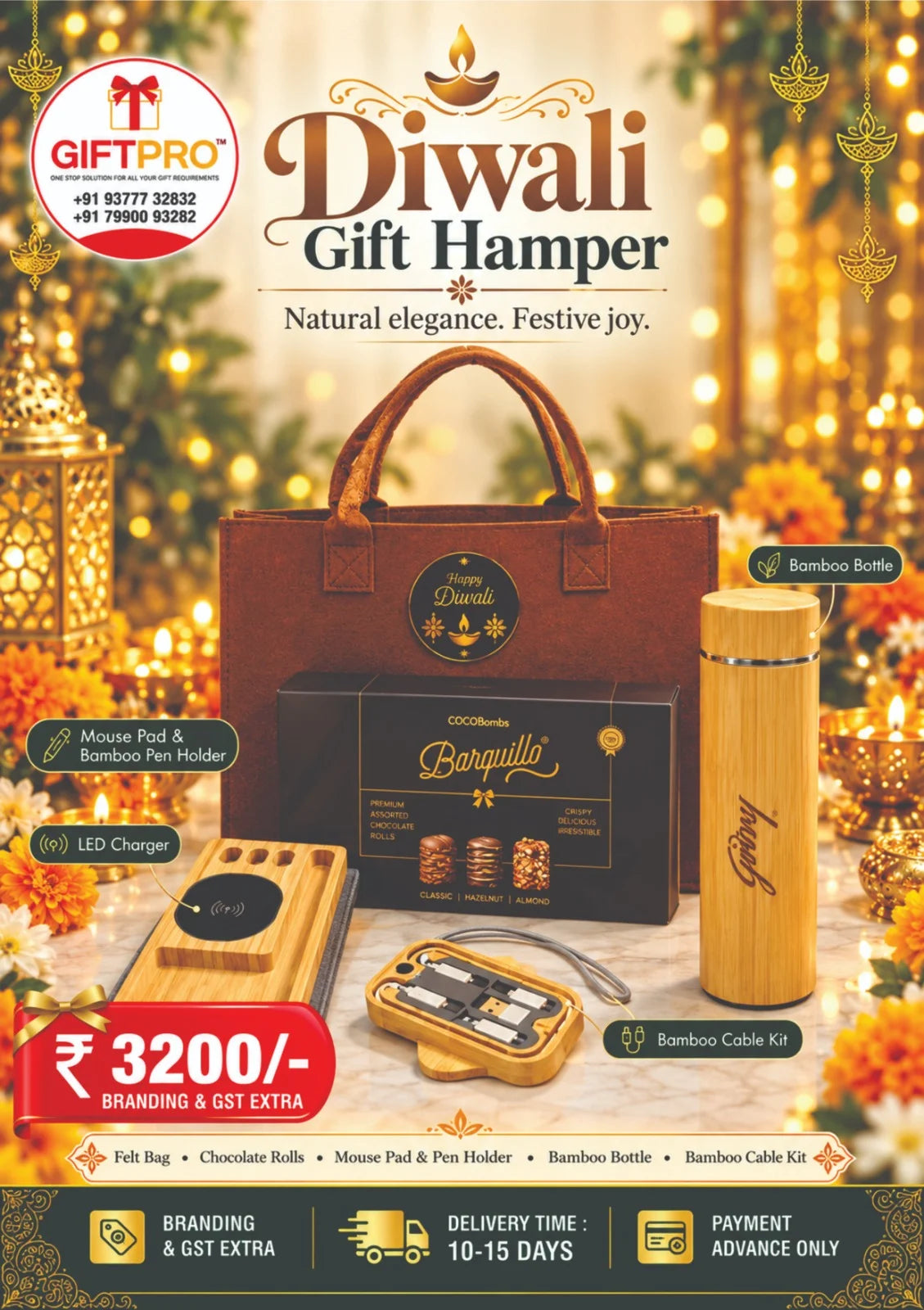 Premium Bamboo Diwali Gift Hamper with LED Wireless Charger & Bottle