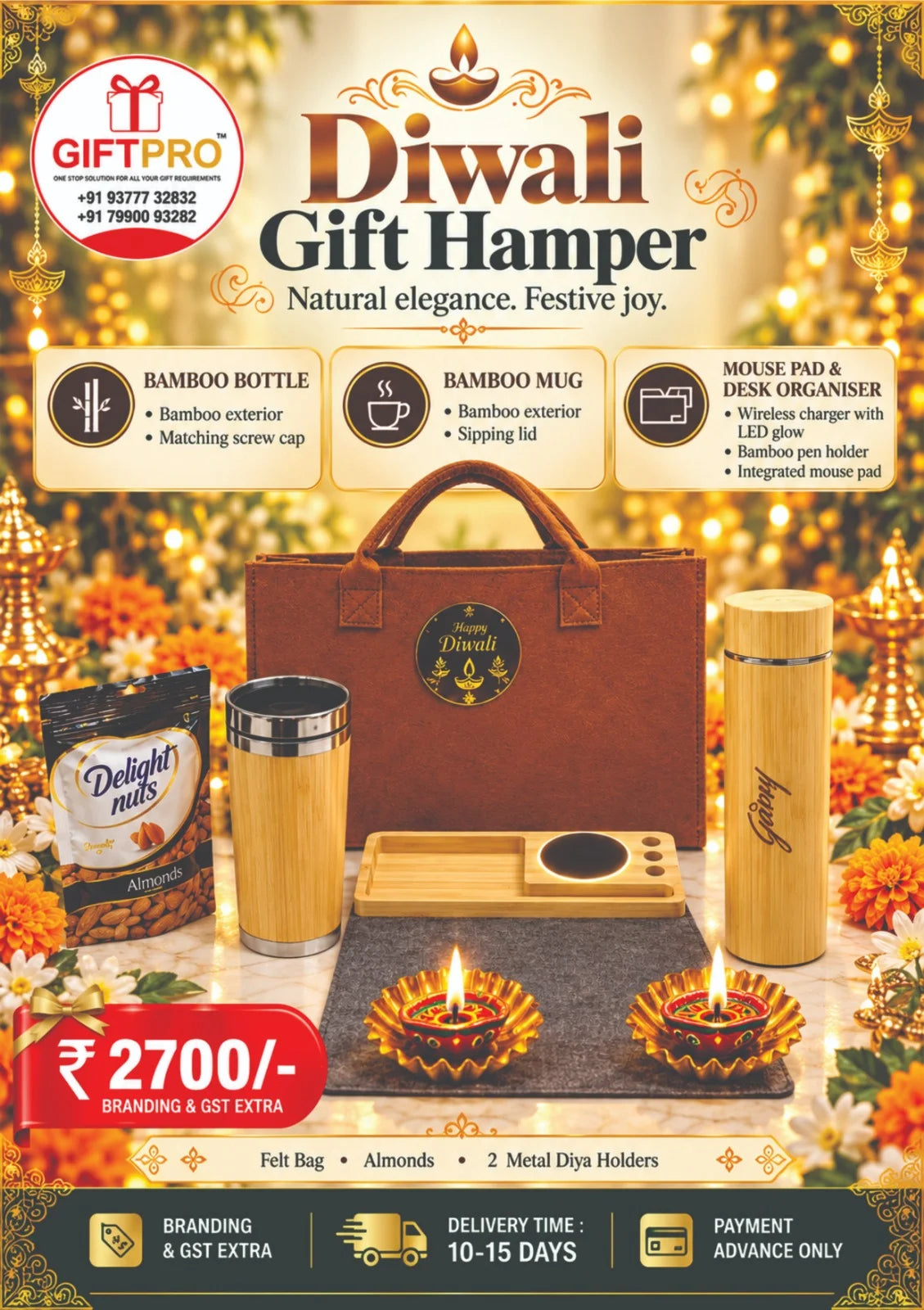 Premium Bamboo Diwali Gift Hamper with Wireless Charger & Desk Organiser