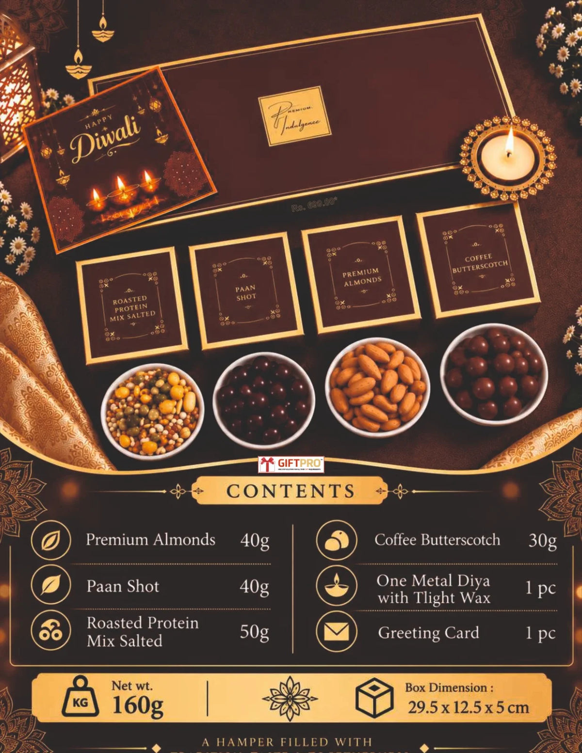 Luxury Brown Diwali Hamper with Almonds, Diya & Festive Treats