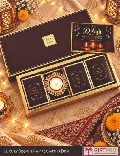 Luxury Brown Diwali Hamper with Almonds, Diya & Festive Treats