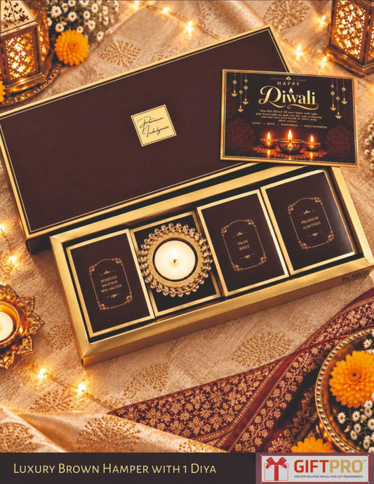 Luxury Brown Diwali Hamper with Almonds, Diya & Festive Treats